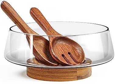 KITEISCAT Extra Large Glass Salad Bowl Set - Party Salad Bowls with Acacia Wood Base and Serving Utensils - Elegant and Practical Kitchen Must-Have