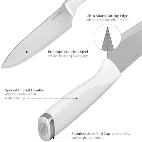 White Knife Set with Wooden Block, 7-Piece Knife Block Set