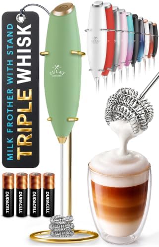 Zulay Kitchen Powerful Milk Frother Wand With Duracell Batteries - Ultra Fast Handheld Drink Mixer - Electric Whisk Foam Maker for Coffee, Lattes, Cappuccino & Matcha - Triple Whisk - Olive Gold