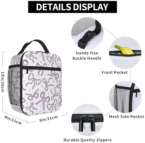 Purple Bow Tie Insulated Lunch Box for Kids, Small Cooler Lunch Bag lunchbox for School, Toddler Lunch Box for Girls, Waterproof Durable Portable Lunch Tote Bag Food Container for Travel Picnic Work