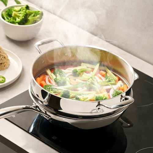 LEGEND COOKWARE 5-Ply Stainless Steel Wok Set, 12-Inch 5-Quart with Lid and Steamer - Induction Compatible, Oven Safe 800°F - Non-Toxic, No Coatings - Even Heating - Built to Last Generations