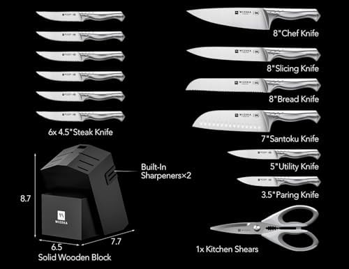 WIZEKA Knife Set with Block 15Pcs, High Carbon Stainless Steel, Razor-Sharp
