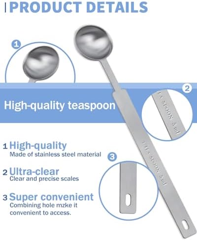 2 Pcs Teaspoon Measuring Spoons, 5mL (5 cc | 1/6 oz) Stainless Steel Teaspoon Scoop, Long Handle Metal Measuring Spoons for Cooking,Baking
