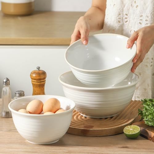 Hasense Mixing Bowls, Ceramic Serving Dishes for Cooking, Baking, Prepping, Nesting Bowls for Salads, Fruit, Popcorn, 2.1/1.5/1.0 Qt, Dishwasher & Microwave Safe, Clay-Infused White