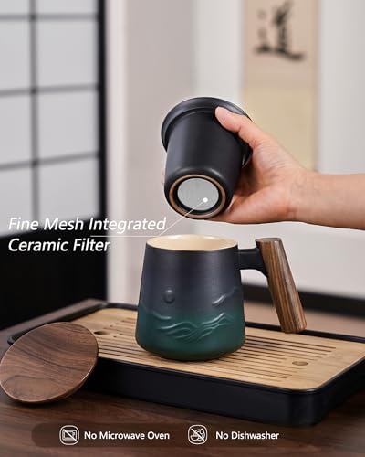 ZENS Tea Infuser Mug with Lid for Loose Tea Steeper, 14.5oz Wooden Handle