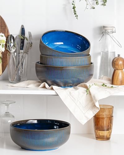 getstar Large Serving Bowls Ceramic Salad Bowl Set of 2, 8 Inch & 60 fl oz, Microwave and Dishwasher Safe, Farmhouse Kitchen Decorative Bowls Set, Embossed Stripes, Vintage Blue