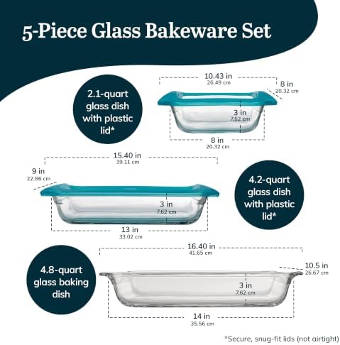 Libbey Baker’s Premium 5 Piece Glass Baking Dish Set, Stackable Casserole Dish with Lid Set, Baking Glassware for Casseroles, Lasagna, Brownies