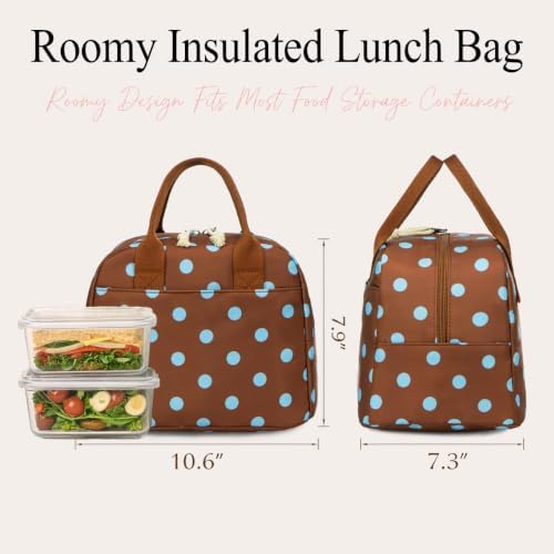 LOVELYWIND Lunch Box for Women,Insulated Lunch Bag Brown & Blue Polka Dots