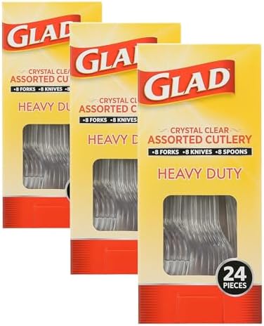 Glad Clear Disposable Cutlery Set with Heavy Duty Plastic Forks, Knives, and Spoons, Reusable Dishwasher Safe Plastic Utensils for Parties and Everyday Use, 24 Count (Pack of 3)