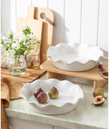 Ceramic Deep Pie Pan for Baking, 11 inch Porcelain Pie Plate for Apple Pie, Oven & Dishwasher Safe, Farmhouse Decor, 48 Ounce Deep Plate for Kitchen, Non-Stick Pie Dish, Embossed Diamond