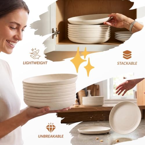 Homienly Dessert Plates - 8 Inch Wheat Straw Plates Set, Dinner Plates Set of 8, Appetizer Plates, Lightweight Unbreakable Plates, Microwave Safe Plates, Deep Plates for Dinner - Beige
