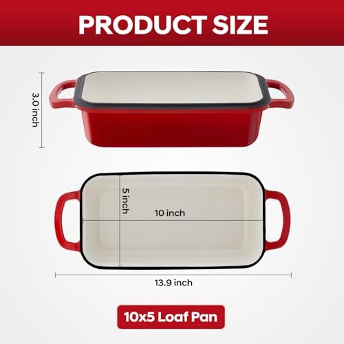 Cast Iron Loaf Pan with Lid 10x5 Inch Enameled Bread Loaf Pan for Sourdough, 2 Piece Set, Red