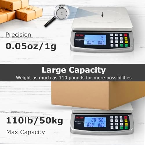 110lb/50kg Food Scale Digital Kitchen Scale with Tray Large LCD Display 304 Stainless Steel Commercial Price Computing Scale Counting Scale for Baking Cooking Meat Industry Counting Adapter Included