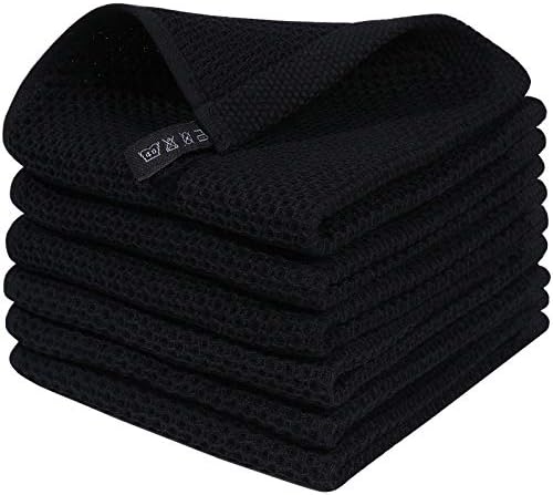 Homaxy 100% Cotton Waffle Weave Kitchen Dish Cloths 6-Pack, Black