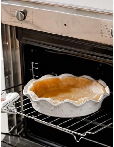 Ceramic Deep Pie Pan for Baking, 11 inch Porcelain Pie Plate for Apple Pie, Oven & Dishwasher Safe, Farmhouse Decor, 48 Ounce Deep Plate for Kitchen, Non-Stick Pie Dish, Embossed Flower
