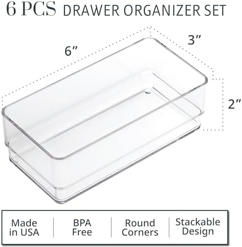 STORi SimpleSort 6-Piece Stackable Clear Drawer Organizer Set | 6" x 3" x 2" Rectangle Trays | Small Makeup Vanity Storage Bins and Office Desk Drawer Dividers | Made in USA