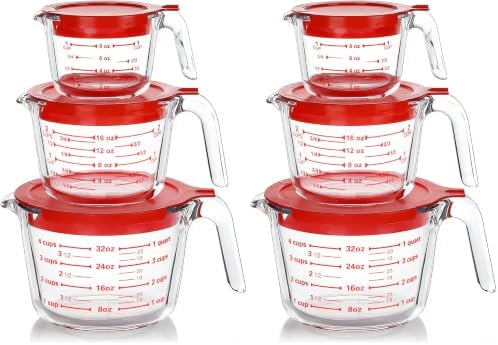 M MCIRCO 6 Pcs Glass Measuring Cups with Lids Set, 1-Cup, 2-Cup, 4-Cup Measuring Jugs with Handle, Nesting Liquid Measuring Cups for Kitchen (Pack of 2)