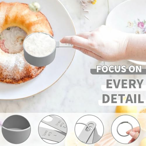 Measuring Cups Set Measuring Spoons Set, Nesting Measure Cups with Stainless Steel Handle, For Measuring Dry and Liquid Ingredients Small Teaspoon with Plastic Head (Grey)