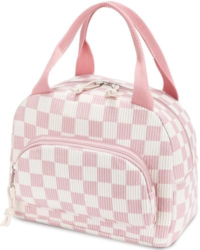 Lunch Bag Women Lunch Box for Women Adult Cute Insulated Lunch Bag Small Cooler Lunch Tote Bags for Work Picnic School (Beige-Pink Plaid)
