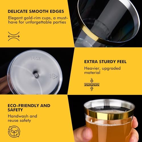 RACETOP 100 Pack 14 oz Gold Rimmed Plastic Cups