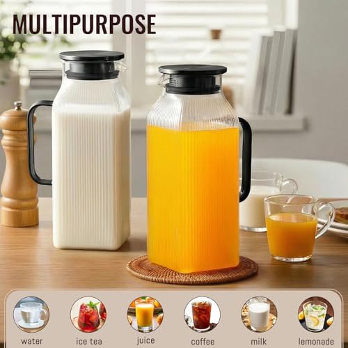 2 Pack 2 Liter/68 oz Square Glass Pitcher with Lid, Classic Stripes Water Pitchers with Handle for Fridge, Large Jug for Iced Tea, Coffee, Borosilicate Glass Carafe for Hot/Cold Brew Drink, Black