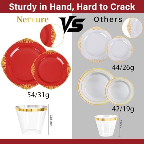 Nervure 350Pcs Red Plastic Plates, Disposable Dinnerware Set for 50 Guests