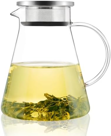 CNGLASS 40oz/1200ml Glass Teapot Stovetop Safe,One-Touch Clear Tea Kettle,Blooming and Loose Leaf Tea Maker