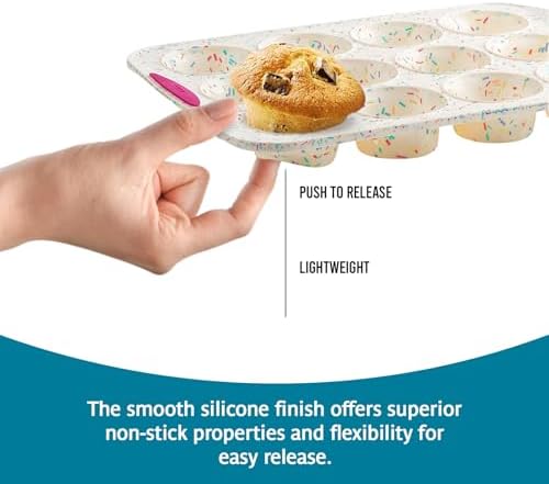 Trudeau Reinforced Structured Silicone Muffin Pan, 12-Cup, Confetti/Fuchsia – Hybrid Silicone & Hard Lining for Shape Retention, Non-Stick, Dishwasher Safe, BPA-Free Bakeware for Muffins & Cupcakes