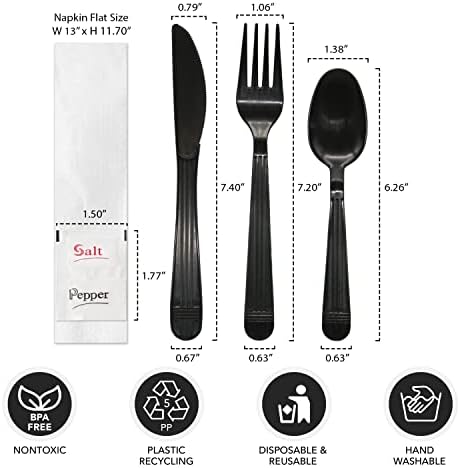 Party Essentials Individually Wrapped Plastic Cutlery Packets/Heavy Duty Silverware Kits, Fork/Spoon/Knife/Napkin/Salt/Pepper, 50 Utensils Sets, Black (Pack of 4)