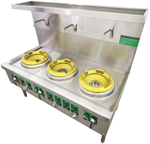 Commercial Gas Ranges Wok, Gas Stove for Liquefied Gas and Natural Gas, 3 Burners Cooktop, 13" Furnace Head 85300BTU, 59" Tall, High Temperature Stove 110V