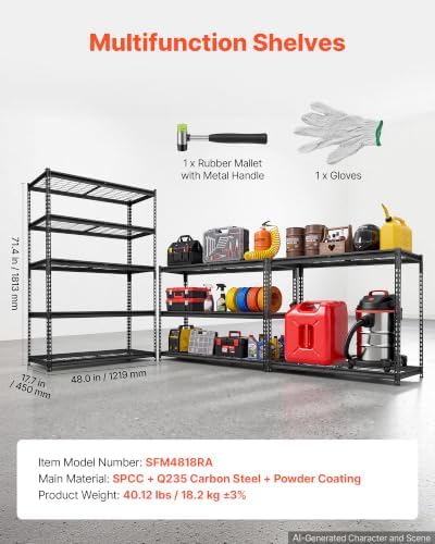VEVOR Storage Shelves, 5-Tier 2500 lbs Garage Shelving 48 x 18 x 71.4 in