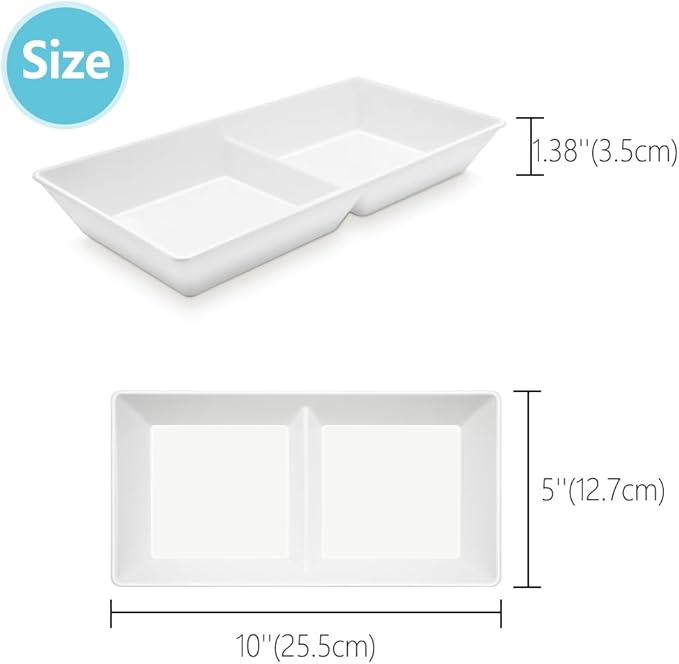 Divided Serving Tray Platter, 6 Pack 10" x 5" Fruit Veggie Food Tray for Party, Plastic Serving Trays for Appetizer, Snack, Dessert, Cookie, Brunch Decorations Platters, White Trays BPA-Free