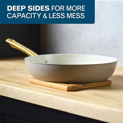 Farberware Forged Induction Ceramic Nonstick Fry Pan/Skillet, Dishwasher Safe, Gold Color Stainless Steel Handle, 12.25 Inch Frying Pan - Taupe