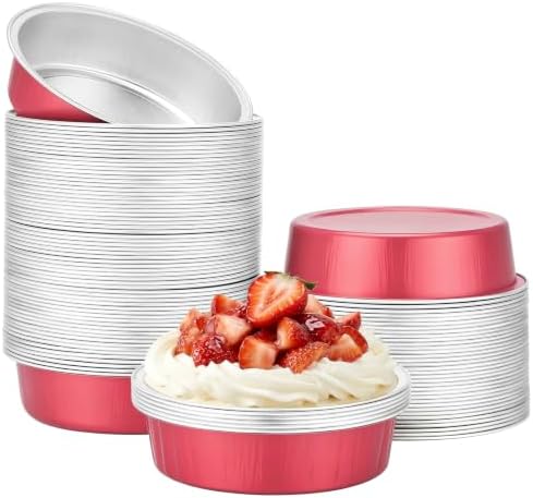 Beasea Aluminum Foil Mini Tart Pans, 100 Pack 7.3oz 215ml Disposable Baking Cups Only, 4" Mini Foil Ramekin Cups No Lids Baking Pie Tin for Cheesecake Fruit Pie Tart - Grapefruit Pink