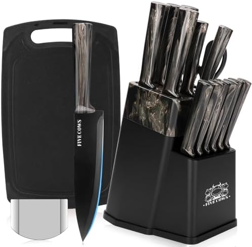 16-Piece Kitchen Knife Block Set with Cutting Board - German Stainless Steel Knives, Built-In Sharpener, Dishwasher Safe, Anti-Slip Handle - All-in-One Cutlery Set for Home/Kitchen (Black)