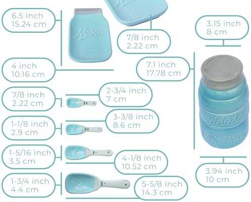 Comfify Aqua Blue Mason Jar Measuring Set – 4 Cups, 4 Spoons, Spoon Rest