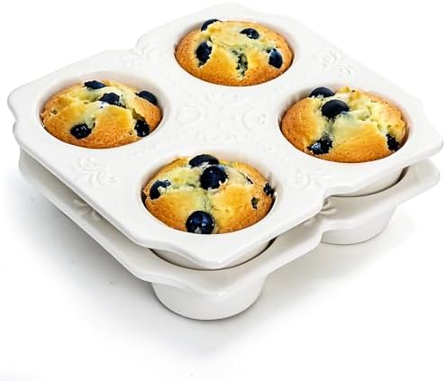 Hiceeden 2 Pack 4-Cup Ceramic Muffin Pan, Nonstick Muffin Tin with Handle, Ceramic Cupcake Baking Pans with Embossed Pattern for Muffin, Cupcake, White, 7.5" x 7" x 1.6"