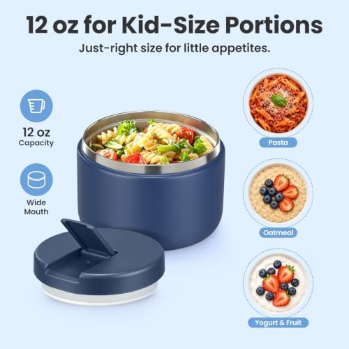 Pawtong 12oz Insulated Vacuum Food Jar with Buckle Lid Wide Mouth Soup Thermo for Hot Food Kids Leakproof Stainless Steel Lunch Container- Blue 1 Pack