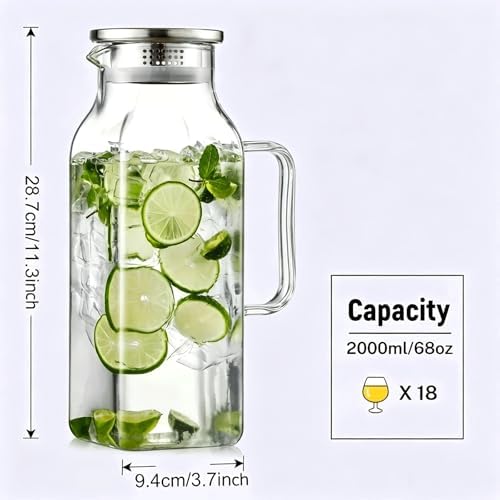 2 Pack 2 Liters/68 oz Square Glass Pitcher with Lid and Handle, Glass Carafe for Hot/Cold Water, Large Iced Tea Pitcher for Coffee, Juice