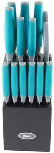 Oster 81007.14 Lindbergh 14 Piece Stainless Steel Cutlery Set Black Block With Sharpener, Teal Handle Kitchen Knives Set,Teal/Black