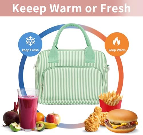 Lunch Bag Women Lunch Box for Women Adult Cute Insulated Lunch Bag Lager Cooler Lunch Tote Bags for Work Picnic (Green Stripes)
