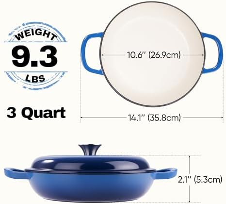 3 Quart Enameled Cast Iron Braiser, Non Stick Enameled Cast Iron Skillet with Lid, Dutch Oven Skillet with lid up to 500°F for Oven, Stove, Grill, Shallow Dutch Oven for Cook, Bake (Blue)