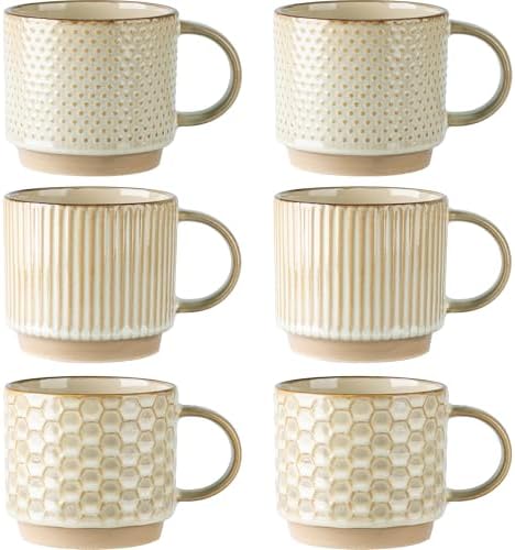 GBhome 12 OZ Stackable Coffee Mugs Set of 6, Ceramic Blue Coffee Cups Set