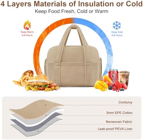KUBYA Corduroy Lunch Box Lunch Bag for Women Men, Cute Strawberry Small Insulated Reusable Work Leakproof Simple Lunch Boxes Tote Bag Adults Cooler Bag