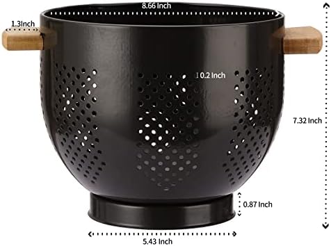 Metal Colander with Wood Handle and Stable Base, Powder Coated Steel Kitchen Strainer Basket for Draining Pasta, Vegetable and fruit (5.5quart,Bright Black)