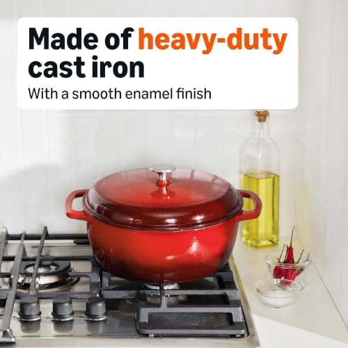 Amazon Basics Enameled Cast Iron Dutch Oven Pot with Lid, Round, Dual Handles, Heavy-Duty, Oven Safe for Stews, Roasting, Baking, 4.3-Quart, Red