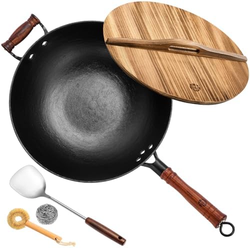 WANGYUANJI Cast Iron Wok Pan with Lid, 14.2 Inch Flat Bottom Uncoated Stir Fry Skillet, Large Heavy Duty Chinese Iron Pot for Family Cooking, Induction & Gas Safe