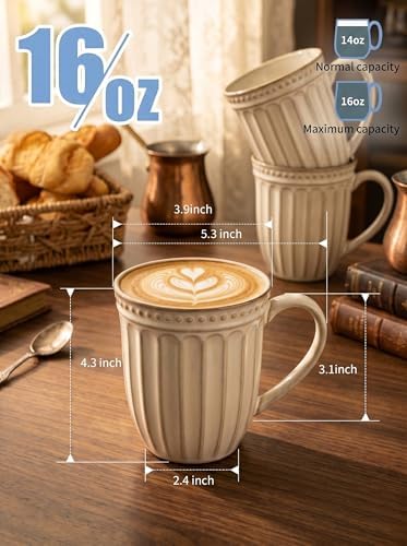 HASENSE Textured Coffee Mugs Set of 4, 16 Oz Ribbed Ceramic Cups with Large Handle for Latte Tea Cappuccino, Stackable Embossed Mugs for Everyday Use, Microwave & Dishwasher Safe, Creamy Beige