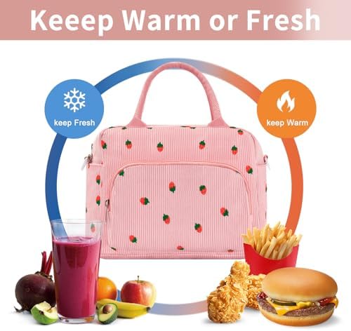 GASSDA Lunch Box for Women Insulated Lunch Bag Women Adult Cute Lunch Bags Reusable Lunchbox Cooler Tote Bag for Work Picnic (Pink-Strawberry)