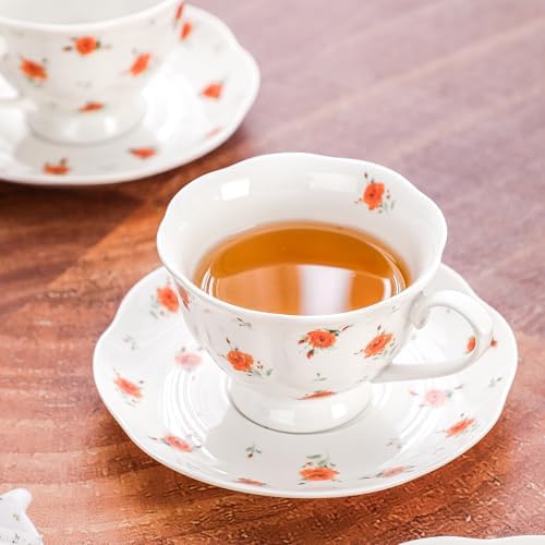 6oz Floral Porcelain Tea Cup & Saucer Set of 6